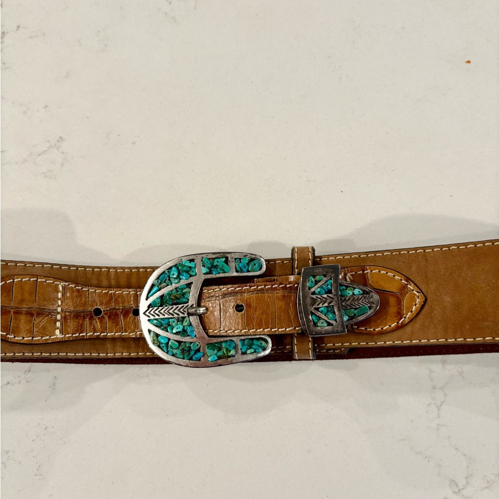 Brown Leather/Suede Belt with Turquoise Buckle - Picture 4 of 4